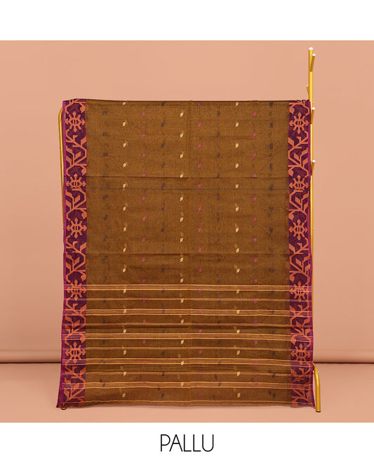 Brown Bengal Cotton Saree, Elevated with Thread Buttas All Over Its Body, Complemented by a Contrast Border of Jamdani-Style Floral Creeper Designs, Pallu of Stripes and Buttas, and Paired with a Matching Blouse