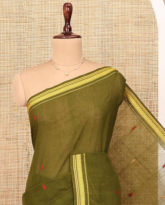 Green Andhra Cotton Saree, Finely Crafted with Thread Buttas All Over Its Body, Subtly Sparked with a Traditional Border, Contrast Pallu of Stripes, and Paired with a Matching Blouse