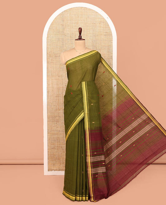 Green Andhra Cotton Saree, Finely Crafted with Thread Buttas All Over Its Body, Subtly Sparked with a Traditional Border, Contrast Pallu of Stripes, and Paired with a Matching Blouse