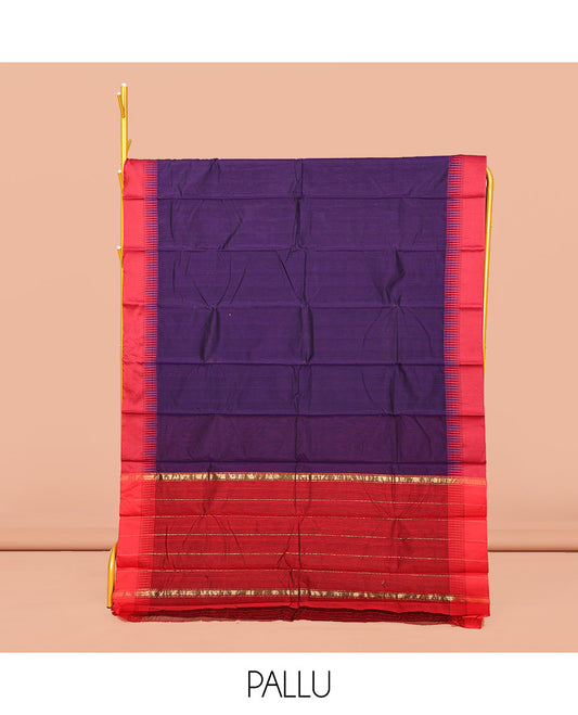 Violet Plain Semi-Silk Cotton Saree, Complemented by a Contrast Temple Border, Pallu of Stripes, and Paired with a Matching Blouse