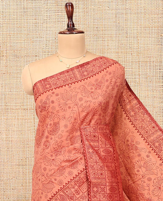 Peach Poly Cotton Saree, Steeped with Birds, a Subtle Printed Border, Printed Pallu, and a Matching Blouse