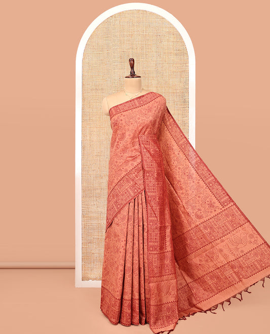 Peach Poly Cotton Saree, Steeped with Birds, a Subtle Printed Border, Printed Pallu, and a Matching Blouse
