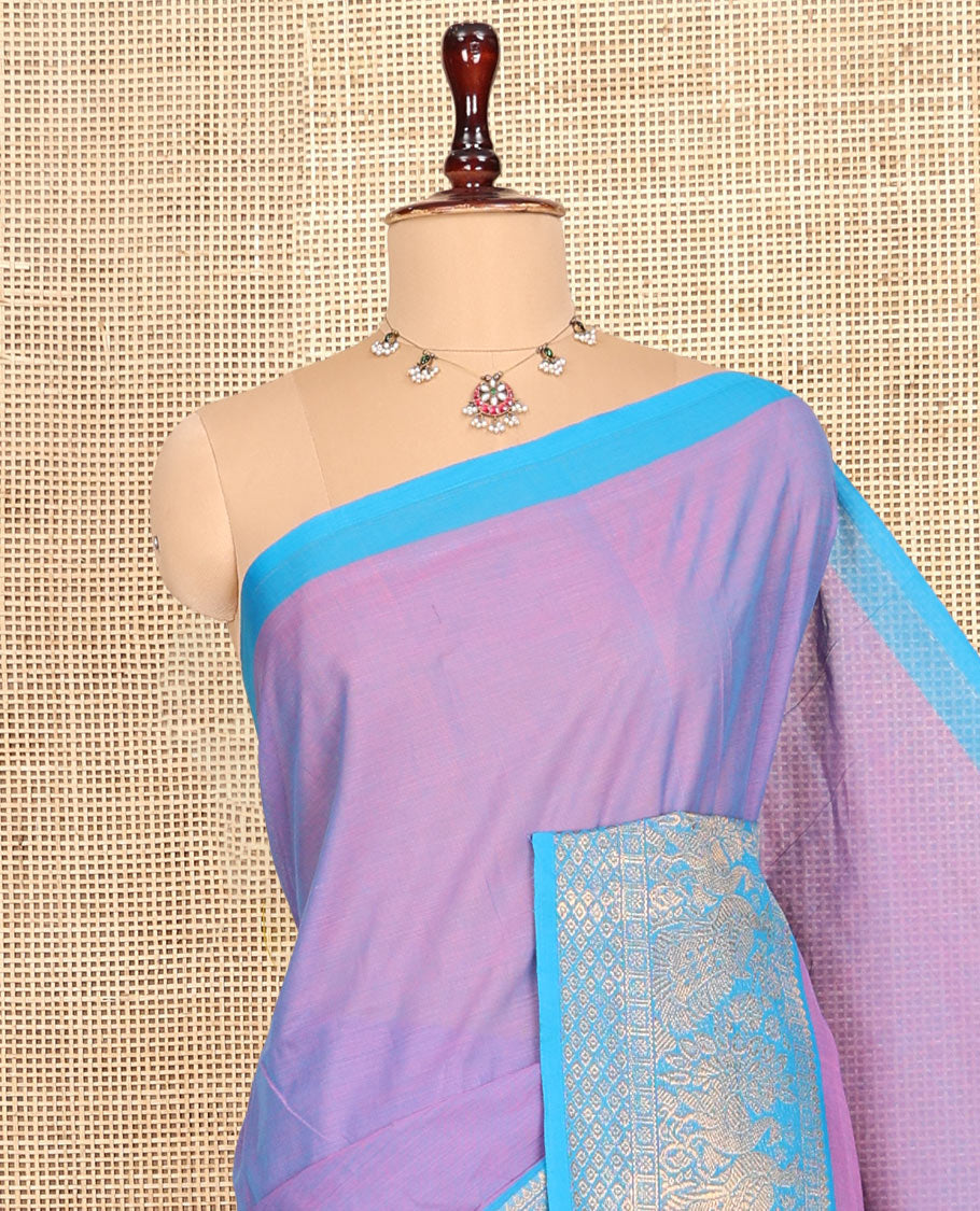 Lavender Plain Chettinad Cotton Saree, Complemented by a Contrast Peacock Zari Border, Striped Pallu, and a Matching Blouse