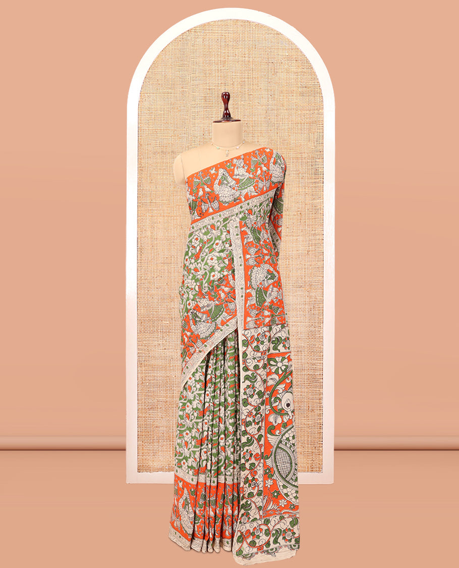 Multi-Color Kalamkari Cotton Saree, Graced Floral Vine Print, Contrast Printed Border, Kalamkari Peacock Motifs Pallu, and a Matching Blouse