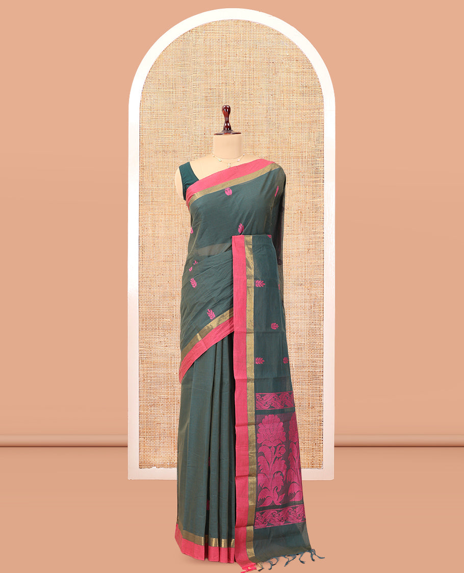 Green Kanchi Cotton Saree, Woven with Thread Buttas, a Contrast Border, Floral Design Pallu, and a Matching Blouse