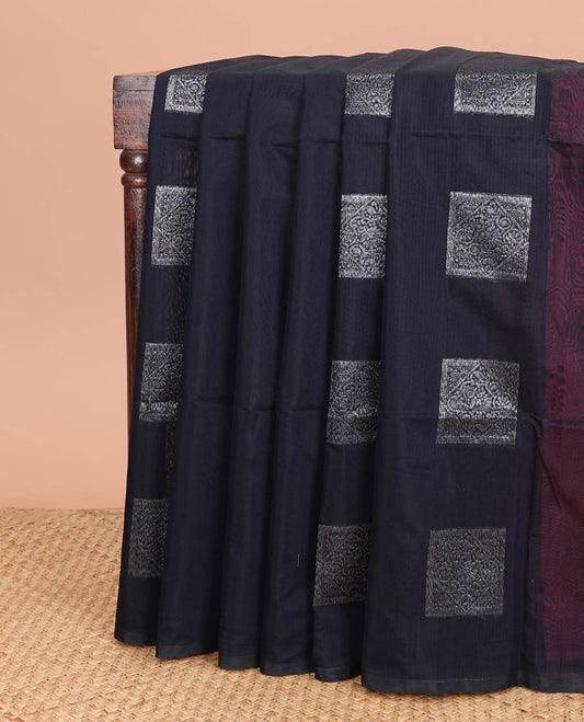 Borderless dark blue geometric design semi silk cotton saree with jaal pallu