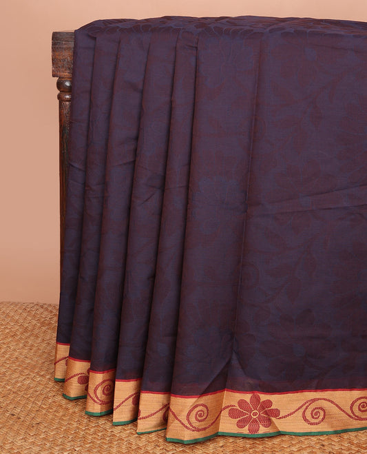 Blue floral jaal design Coimbatore cotton saree, contrast floral creeper border & pallu of floral designs
