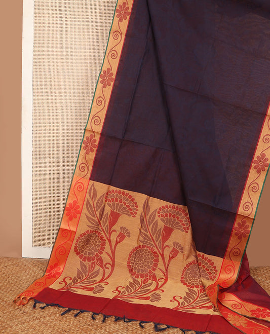 Blue floral jaal design Coimbatore cotton saree, contrast floral creeper border & pallu of floral designs