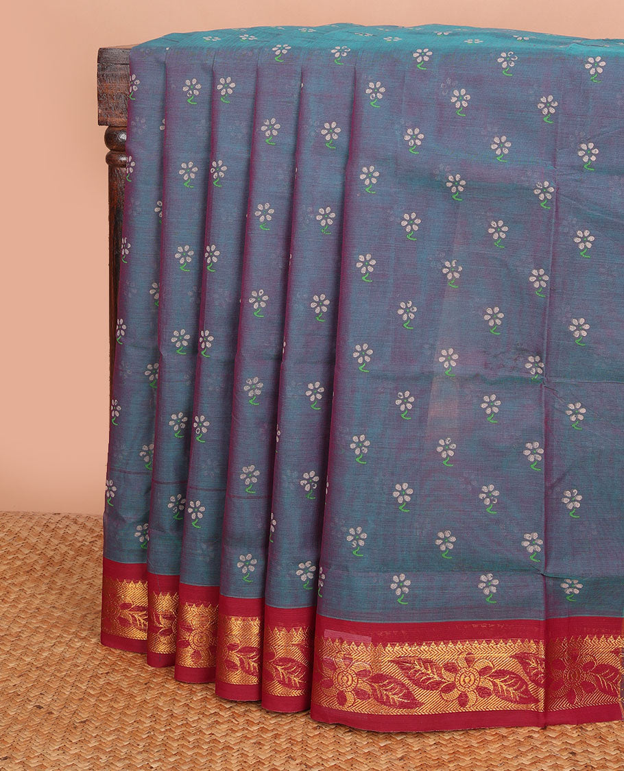 Blue floral motifs printed Andhra cotton saree, contrast floral zari border & pallu of diamond print & zari stripes