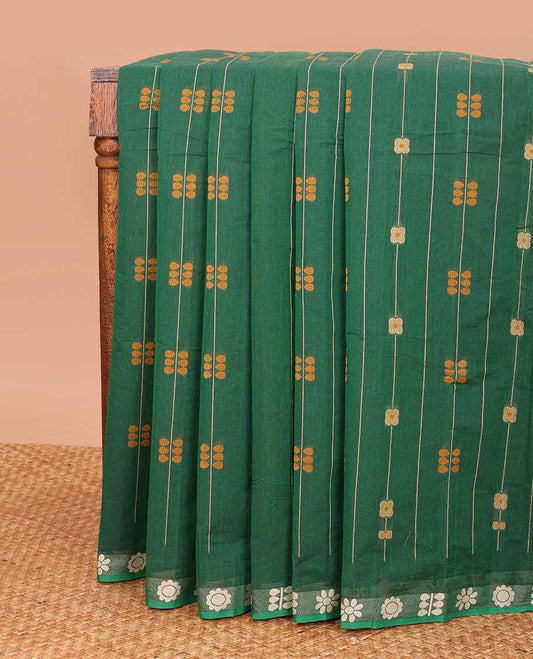 Green floral stripes Coimbatore cotton saree, contrast butta border, and pallu steeped with traditional designs