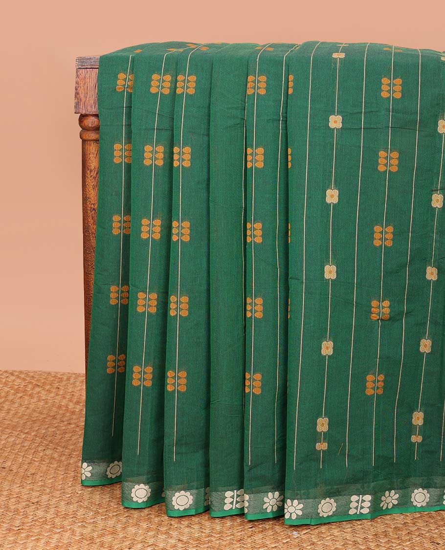 Green floral stripes Coimbatore cotton saree, contrast butta border, and pallu steeped with traditional designs