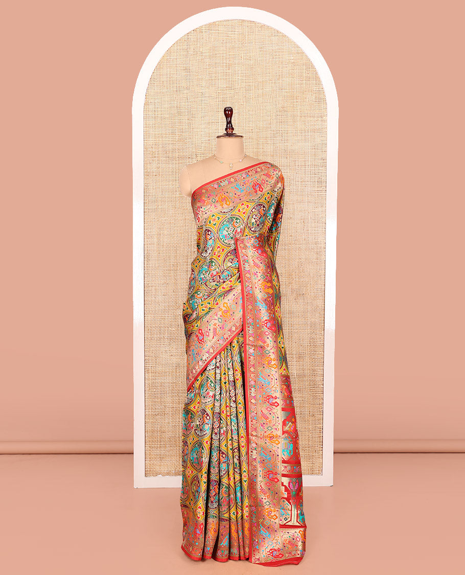 Multi-Color Dola Silk Saree, Artfully Printed with Colorful Patola-Style Animal Motifs on Its Body, Complemented by Contrast Patola-Style Zari and Print Border, Pallu of Paisleys, and Paired with a Contrast Blouse