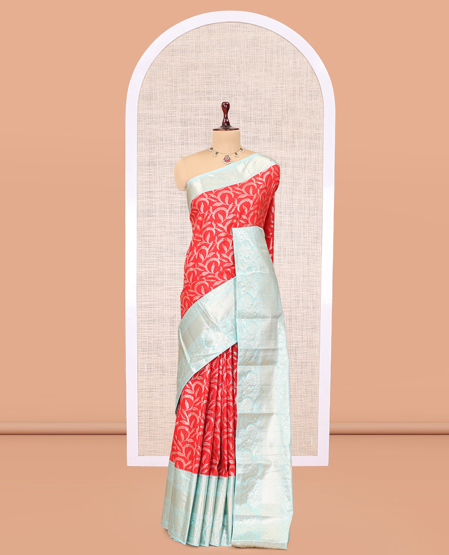 Red-Sky Blue Floral Jacquard Budget Silk Saree