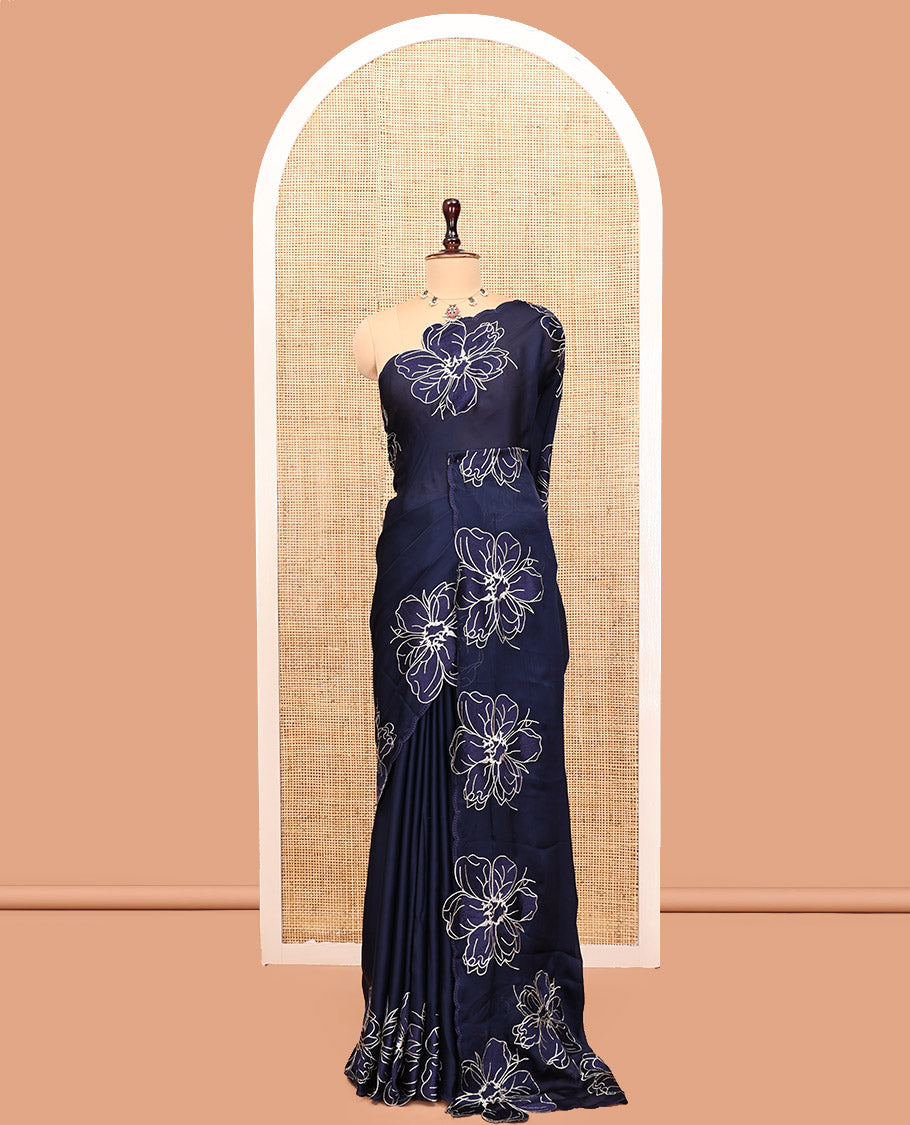 Navy Satin Organza Saree, Steeped in the Prettiness of Floral Embroidery, Floral Embroidered Scallop Border, and a Matching Blouse