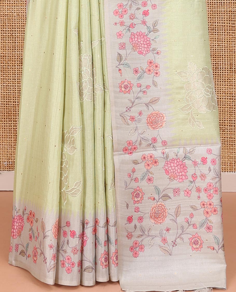 Mint Green Fancy Tussar Silk Saree, Gleamed Up with Zari Buttas, and Applique Embroidery on Its Body, Complemented by a Contrast Temple Floral Creeper Printed Border, Pallu of Floral Creeper Print, and Paired with a Contrast Blouse