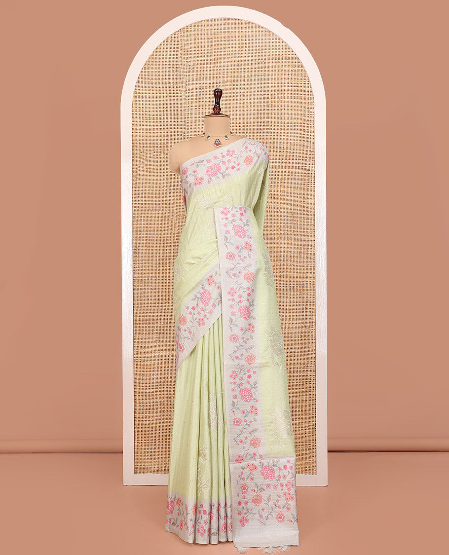 Mint Green Fancy Tussar Silk Saree, Gleamed Up with Zari Buttas, and Applique Embroidery on Its Body, Complemented by a Contrast Temple Floral Creeper Printed Border, Pallu of Floral Creeper Print, and Paired with a Contrast Blouse