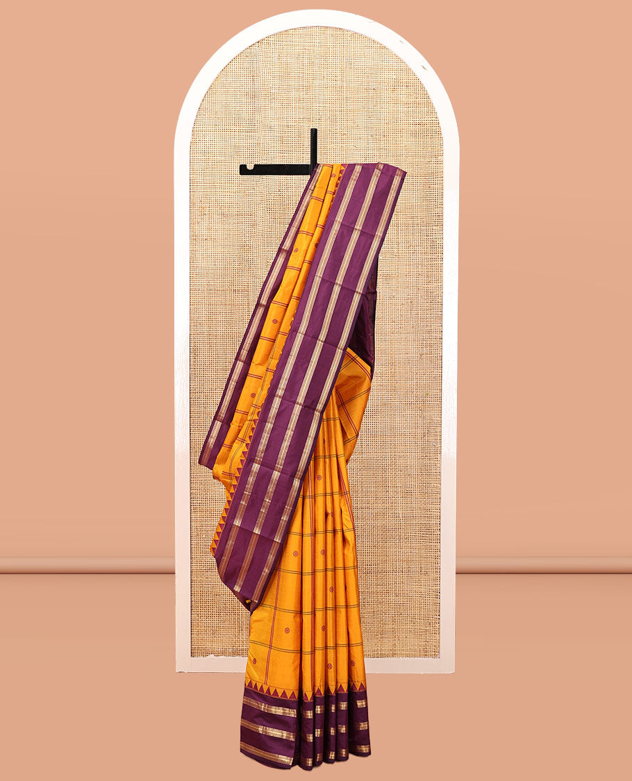 Mustard Checked Vasundhara Lite Silk Mix Saree,Contrast Temple Border,Grand Pallu,Contrast Blouse