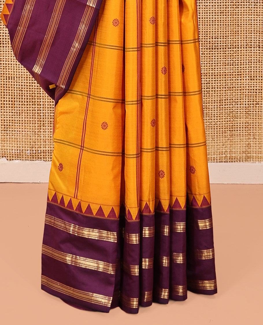 Mustard Checked Vasundhara Lite Silk Mix Saree,Contrast Temple Border,Grand Pallu,Contrast Blouse