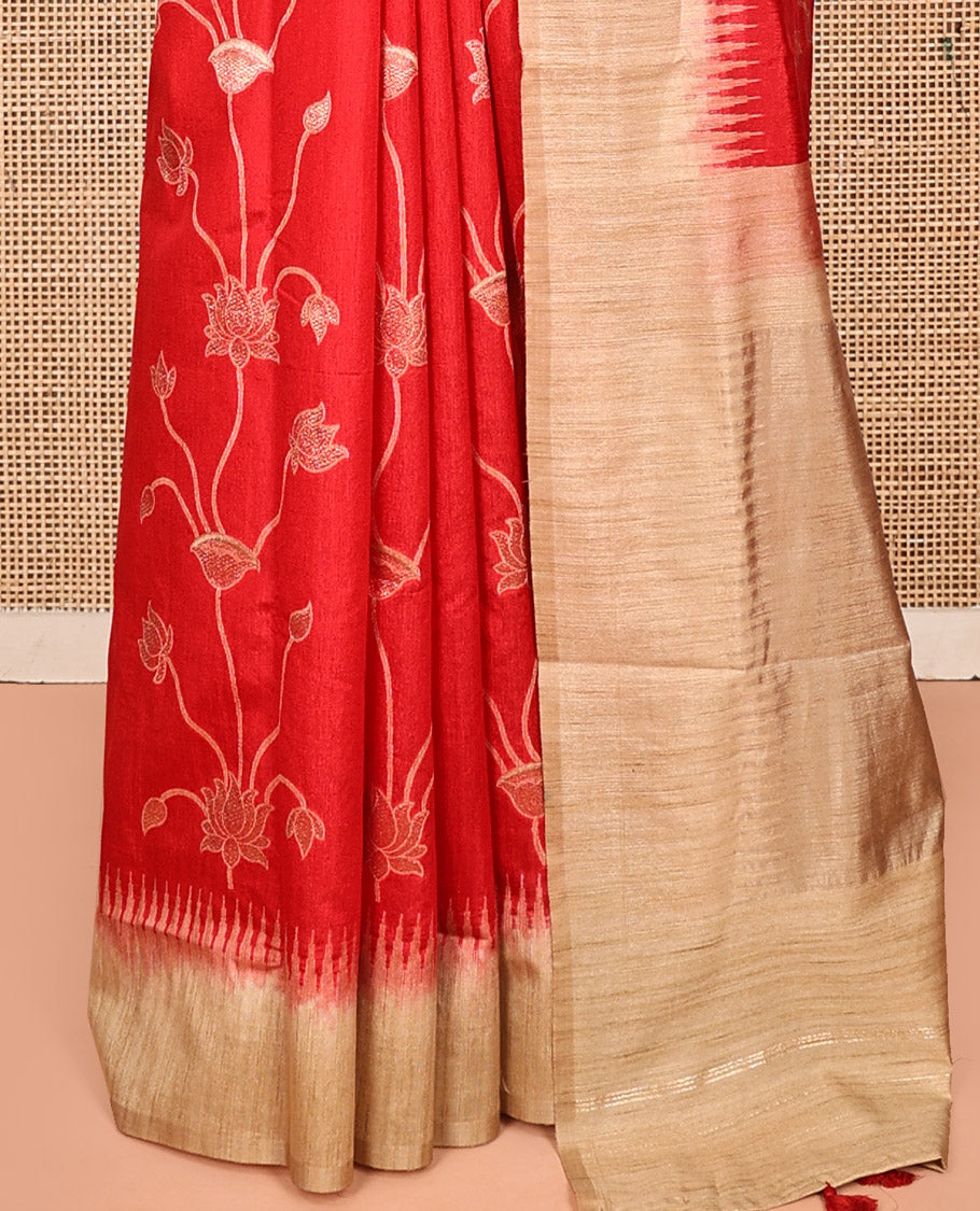 Red Dupion Silk Saree, Artfully Detailed with Pichwai Lotus Vine, Complemented by Contrast Temple Border, Pallu of Pichwai Lotus Motifs, and a Contrast Blouse