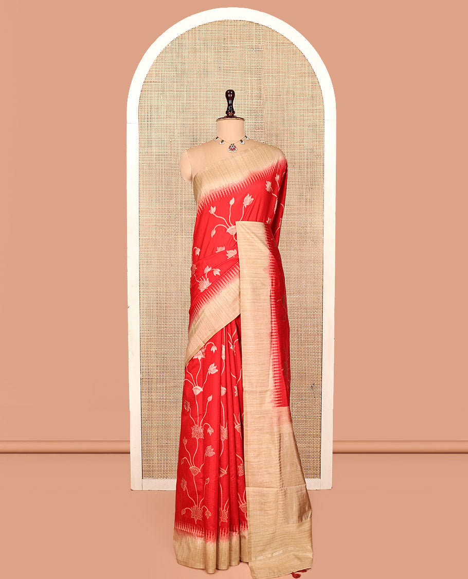 Red Dupion Silk Saree, Artfully Detailed with Pichwai Lotus Vine, Complemented by Contrast Temple Border, Pallu of Pichwai Lotus Motifs, and a Contrast Blouse