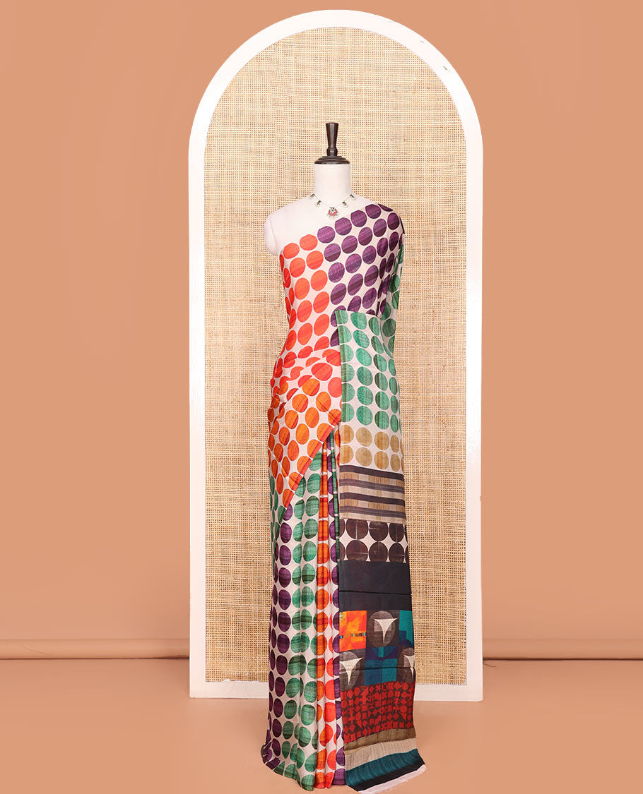 Borderless Multi-Color Georgette Saree Steeped with Circle Motifs All Over Its Body, Complemented by a Contrast Pallu of Different Geometric Motif Prints, and Paired with a Contrast Geometric Printed Blouse