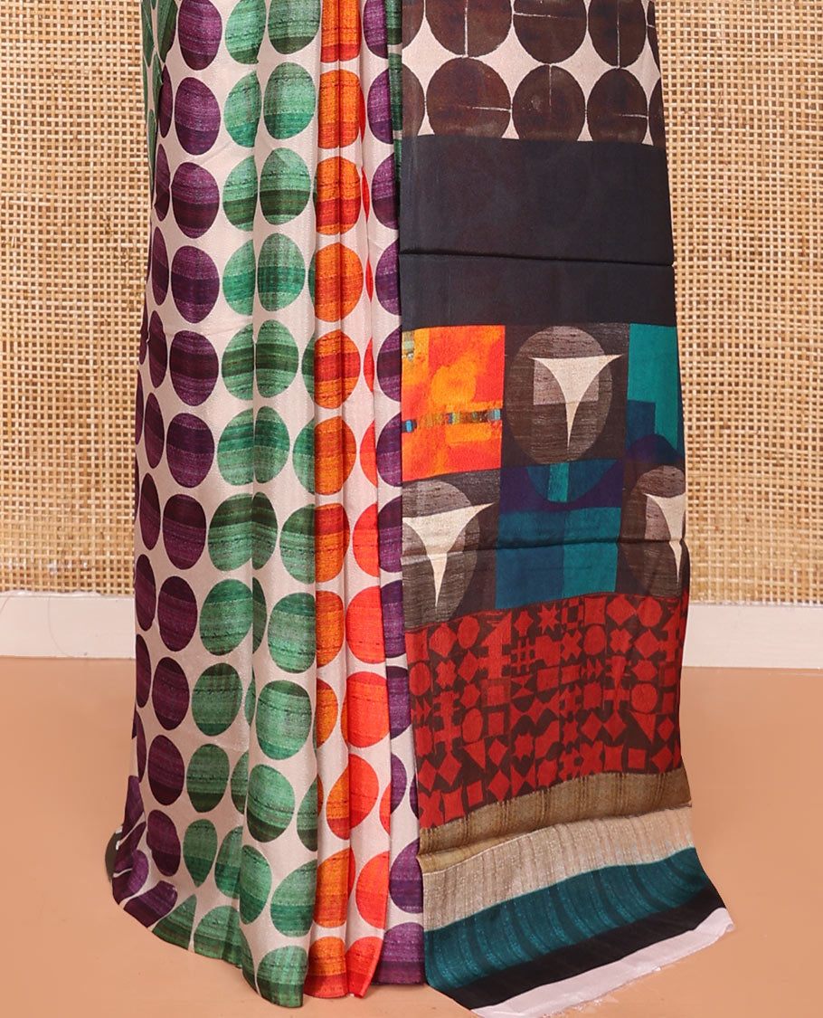Borderless Multi-Color Georgette Saree Steeped with Circle Motifs All Over Its Body, Complemented by a Contrast Pallu of Different Geometric Motif Prints, and Paired with a Contrast Geometric Printed Blouse