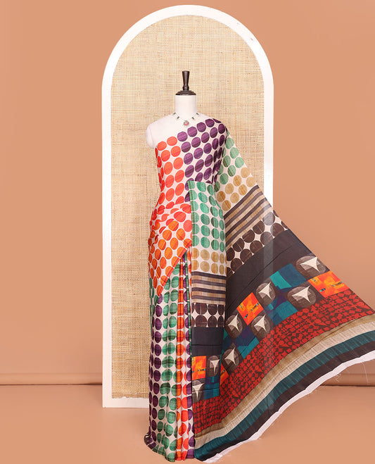 Borderless Multi-Color Georgette Saree Steeped with Circle Motifs All Over Its Body, Complemented by a Contrast Pallu of Different Geometric Motif Prints, and Paired with a Contrast Geometric Printed Blouse