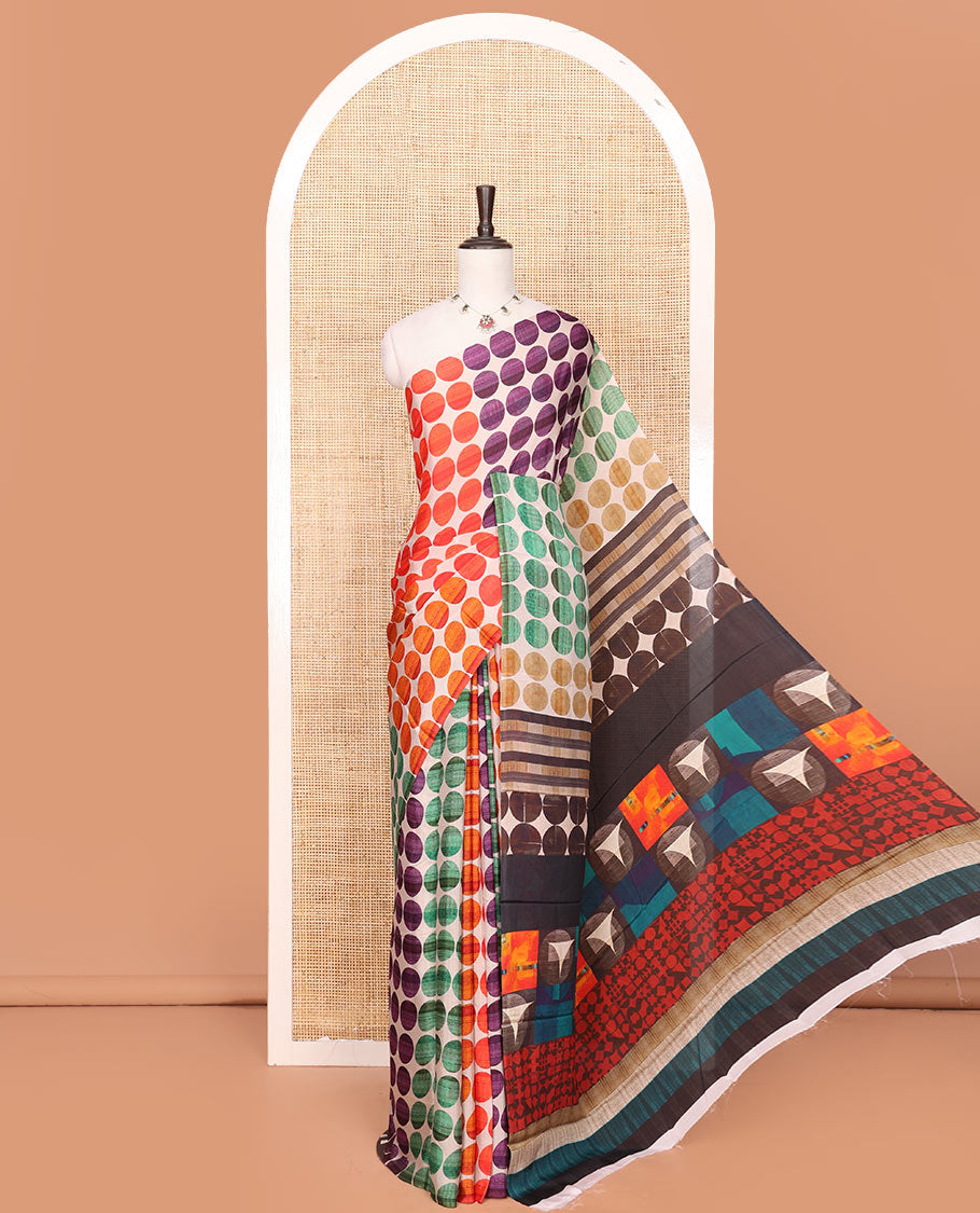 Borderless Multi-Color Georgette Saree Steeped with Circle Motifs All Over Its Body, Complemented by a Contrast Pallu of Different Geometric Motif Prints, and Paired with a Contrast Geometric Printed Blouse