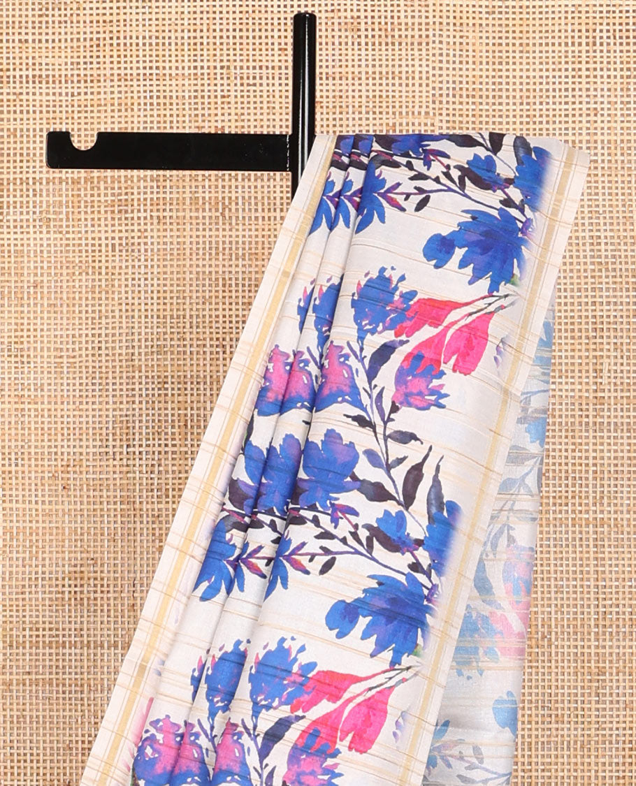 Cream floral print kamala silk saree with self zari border & checked blouse