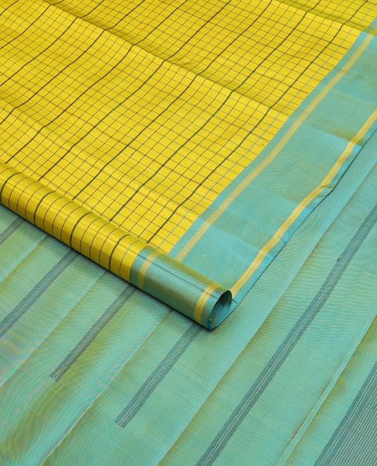 Yellow checked kanchipuram silk saree, contrast rettai pettu striped border & pallu of stripes