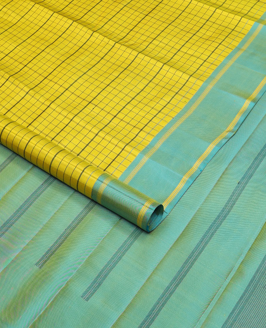 Yellow checked kanchipuram silk saree, contrast rettai pettu striped border & pallu of stripes
