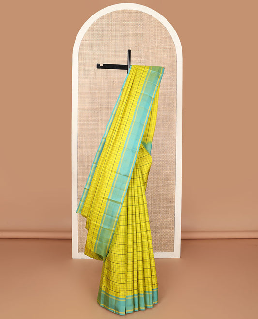 Yellow checked kanchipuram silk saree, contrast rettai pettu striped border & pallu of stripes