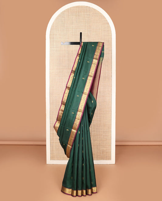 Green zari buttas Kanchipuram silk saree, contrast geometric design border & pallu of thick zari diagonal stripes & floral designs