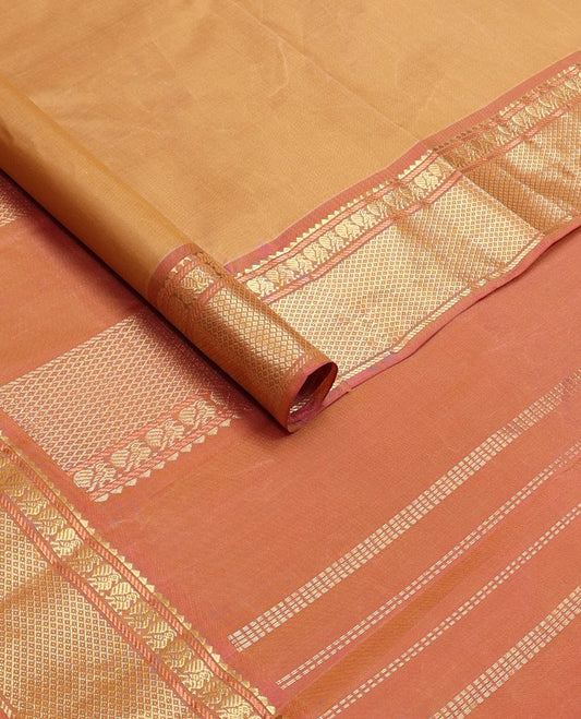 Orange zari buttas silk saree, contrast border of rekku,banaras,mayil & mayil kann & zari design pallu