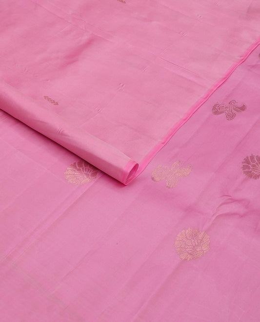 Borderless pink zari buttas, and paisleys Kanchipuram silk saree, self-pallu of zari designs