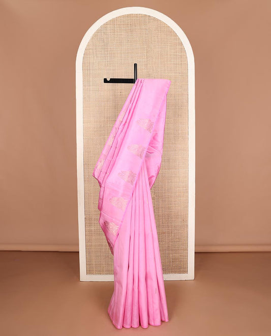 Borderless pink zari buttas, and paisleys Kanchipuram silk saree, self-pallu of zari designs