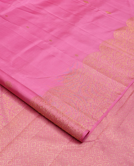 Pink zari buttas Kanchipuram silk saree, scallop floral design zari border, and pallu of zari-rich jaal design