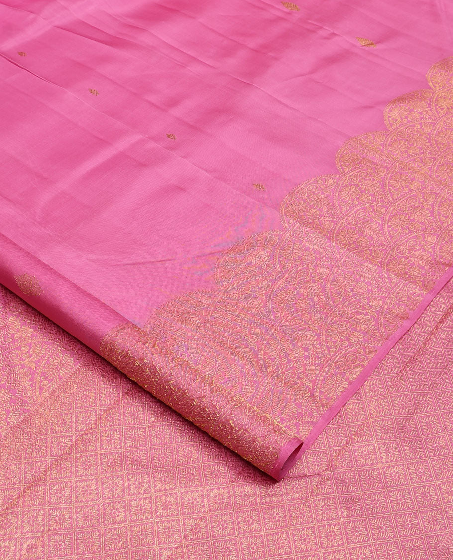 Pink zari buttas Kanchipuram silk saree, scallop floral design zari border, and pallu of zari-rich jaal design