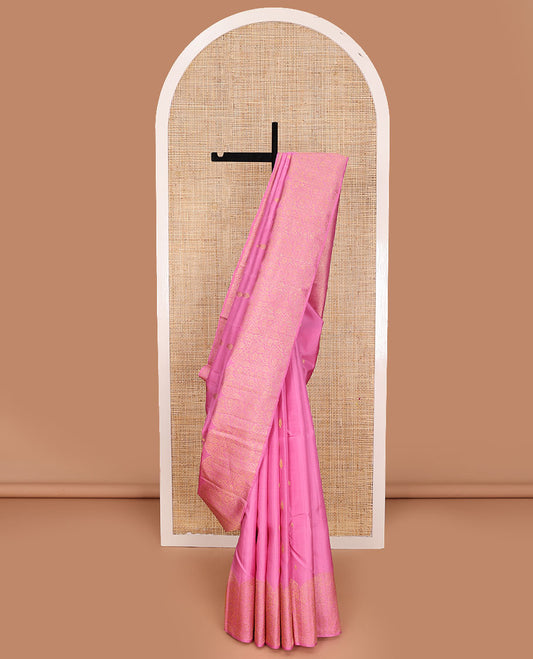 Pink zari buttas Kanchipuram silk saree, scallop floral design zari border, and pallu of zari-rich jaal design