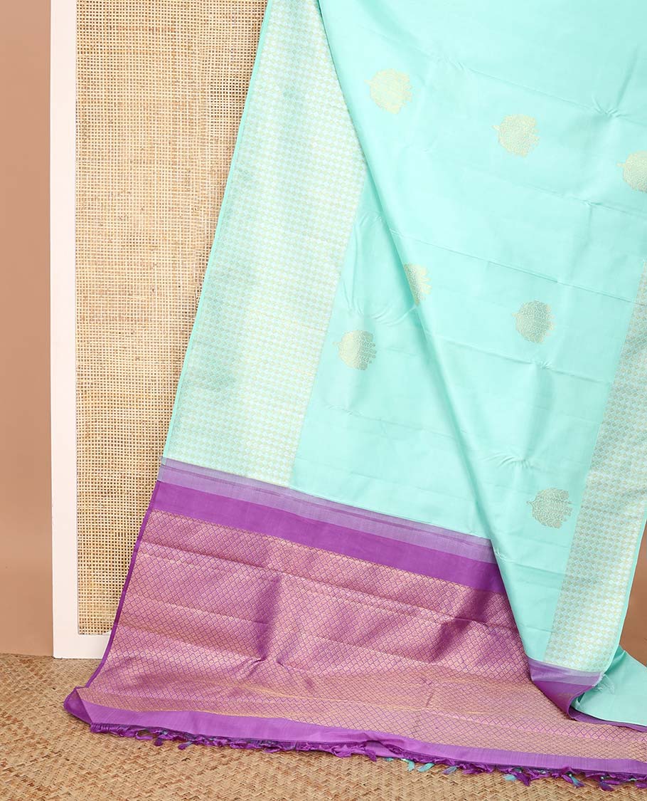 Turquoise zari buttas Kanchipuram silk saree,  zari border of jaal designs, and contrast jaal pallu