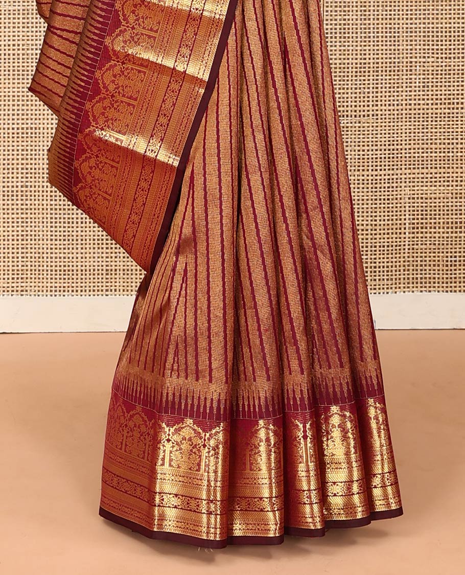Maroon temple jacquard Kanchipuram designer saree, rekku border of floral bouquet, and traditional designs, and thazampoo rekku pallu