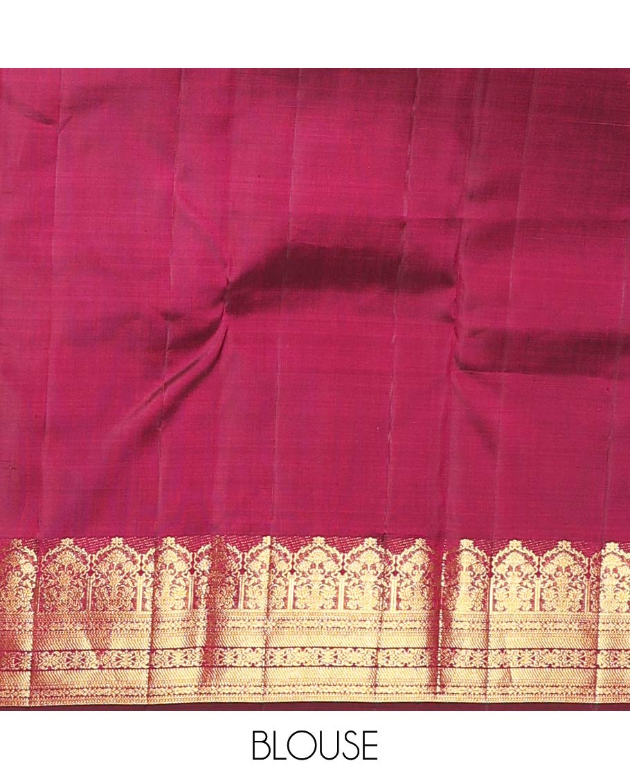 Maroon temple jacquard Kanchipuram designer saree, rekku border of floral bouquet, and traditional designs, and thazampoo rekku pallu