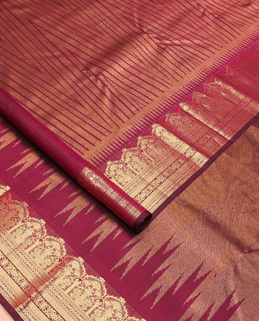 Maroon temple jacquard Kanchipuram designer saree, rekku border of floral bouquet, and traditional designs, and thazampoo rekku pallu