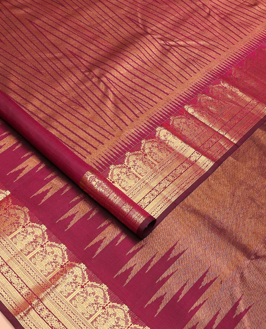 Maroon temple jacquard Kanchipuram designer saree, rekku border of floral bouquet, and traditional designs, and thazampoo rekku pallu