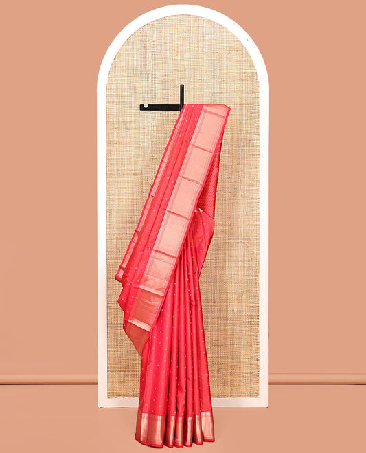 Red Kanchipuram Silk Saree, Decked Up with Zari Buttas, Zari Border of Thilakam and Kathir Designs, Pallu of Jaal Design, and a Matching Blouse