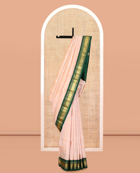 Sandal Zari Buttas Kanchipuram Silk Saree, Complemented by a Contrast Korvai Border of Panner Sombu, Muthu, Banaras, and Mayil Kann Design, Pallu of Zari Design, and No Blouse