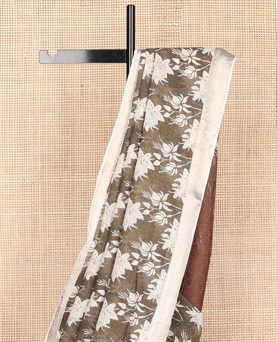 Brown floral motifs printed linen saree, zari border & pallu of stripes