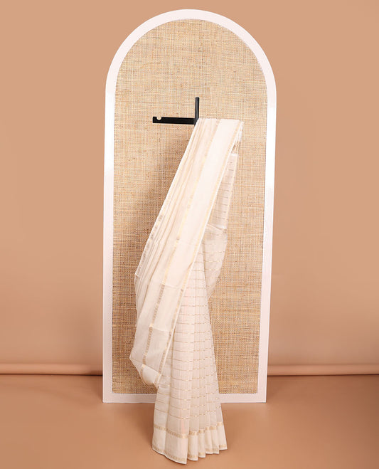 White striped maheshwari cotton saree with self zari design border & checked pallu