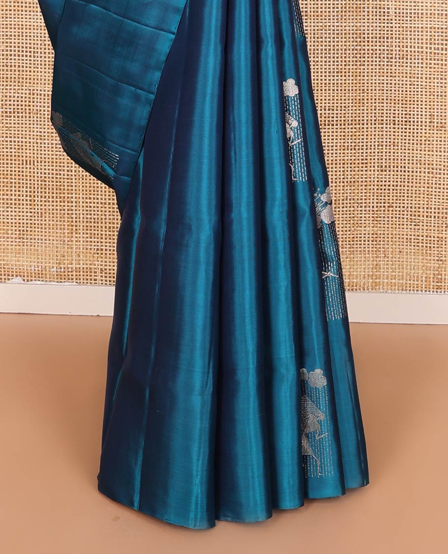 Borderless blue warli buttas soft silk saree, pallu of warli characters zari weave