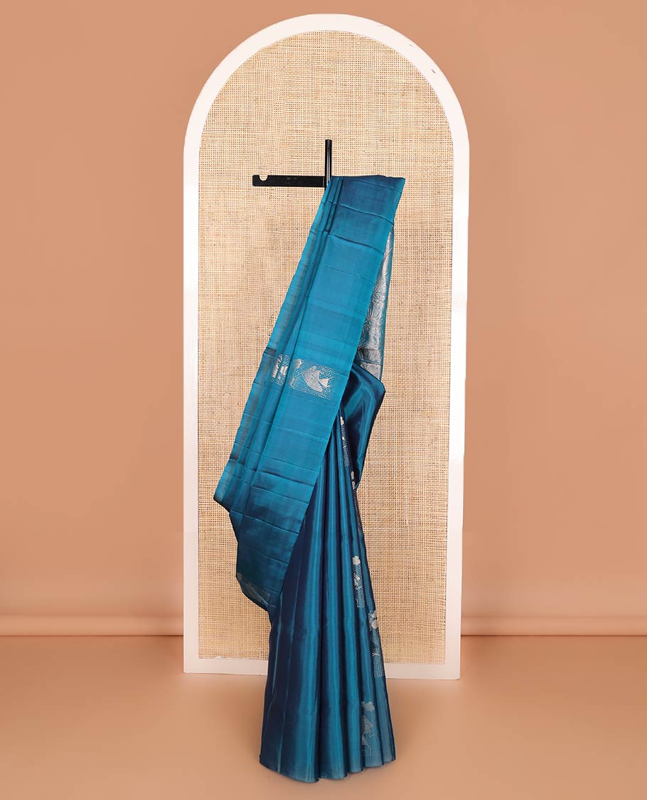 Borderless blue warli buttas soft silk saree, pallu of warli characters zari weave